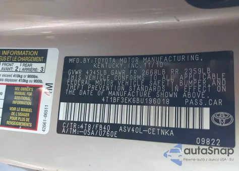 2011 Toyota Camry from USA, damaged, VIN 4T1BF3EK6BU196018